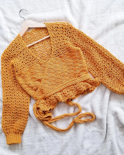 Foxglove crochet wrap top styled as a fall outfit