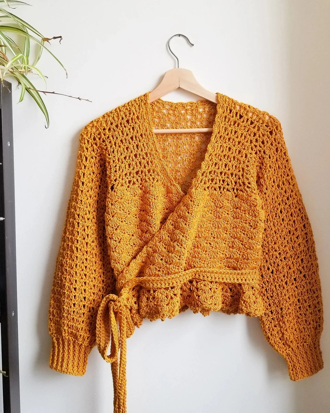 Foxglove wrap top with long bishop sleeves, side view