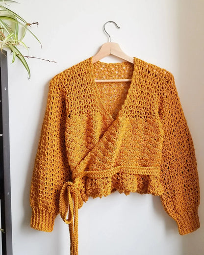 Foxglove wrap top with long bishop sleeves, side view