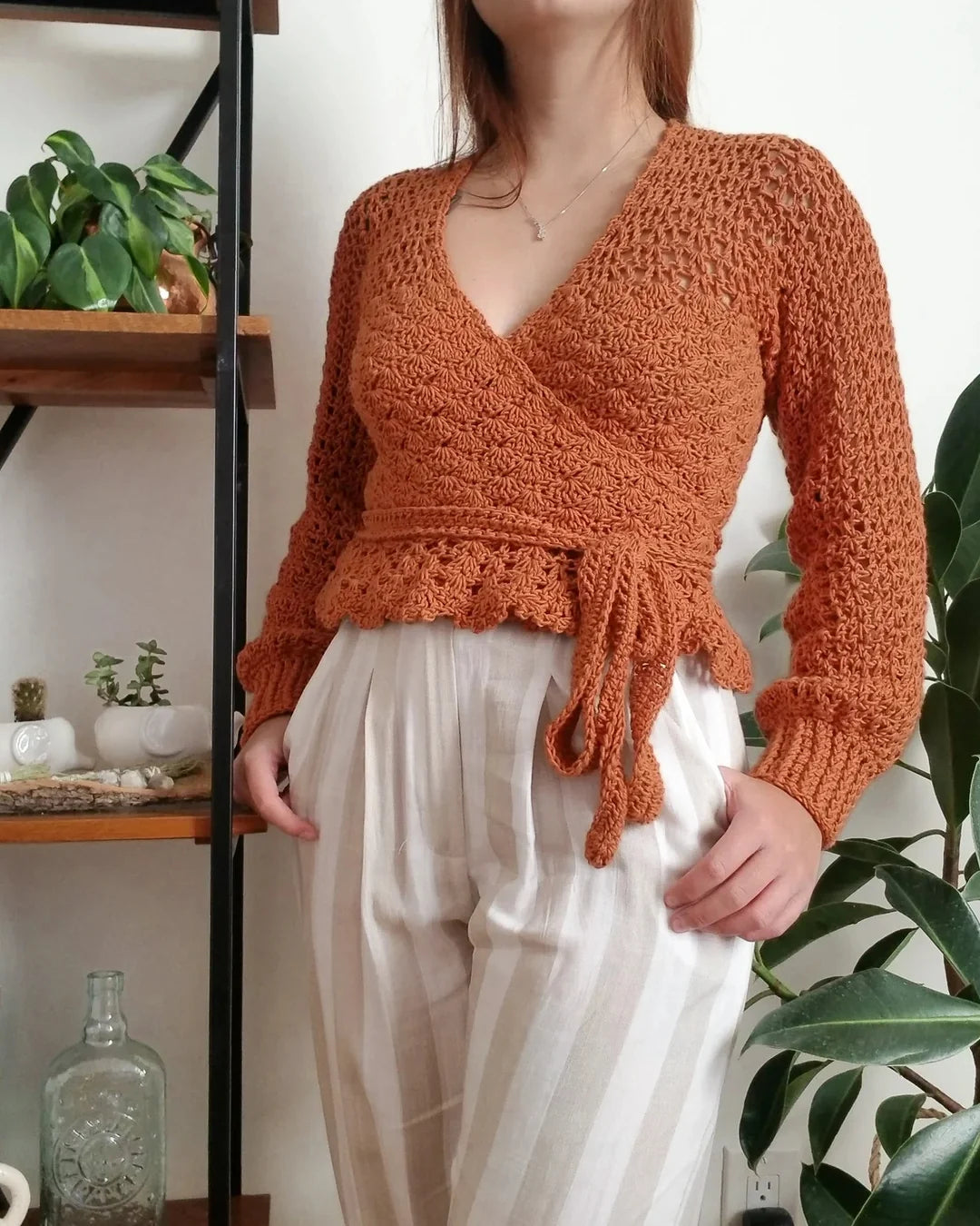 Close-up of the lace stitch panels on the Foxglove wrap top