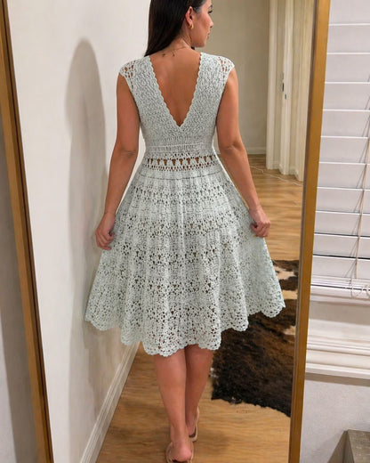 Back view of the crochet summer dress showing the open back