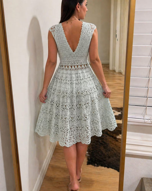 Back view of the crochet summer dress showing the open back