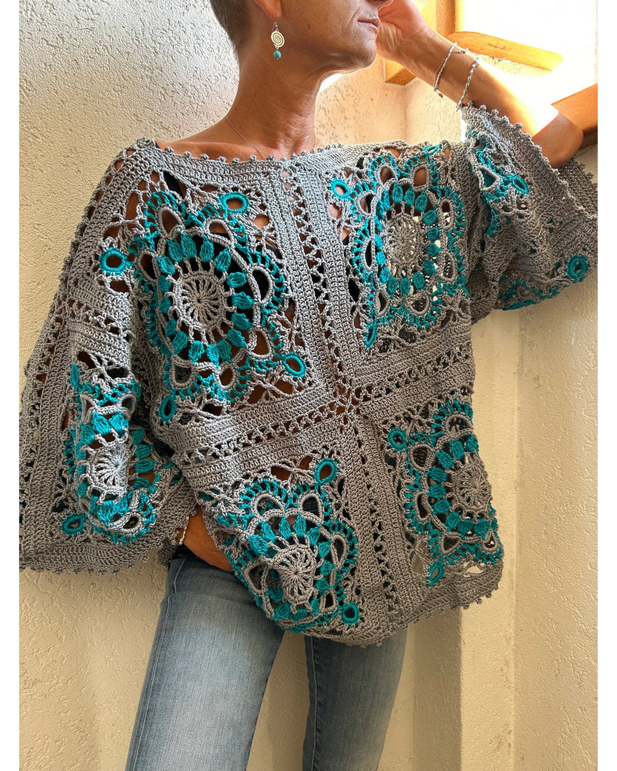 Side view of the relaxed-fit granny square crochet top
