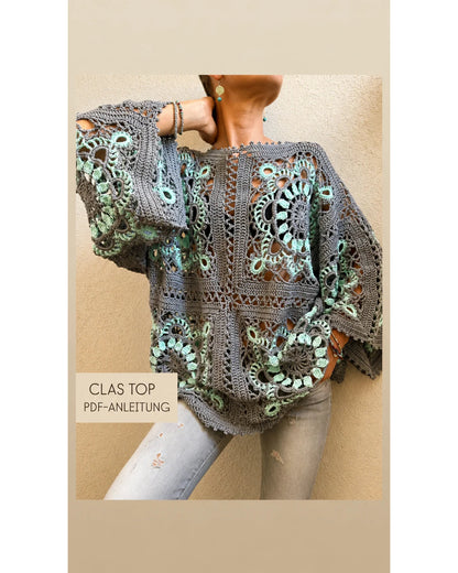 Model wearing the airy Clas crochet top with granny square lace details