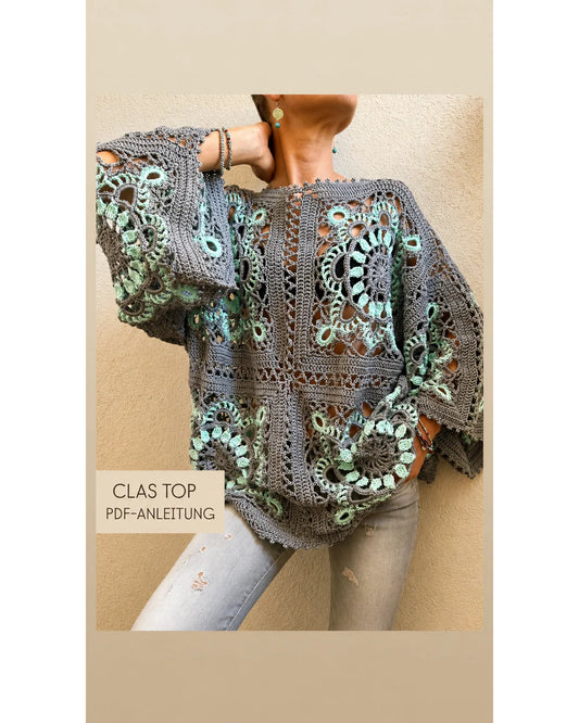 Model wearing the airy Clas crochet top with granny square lace details
