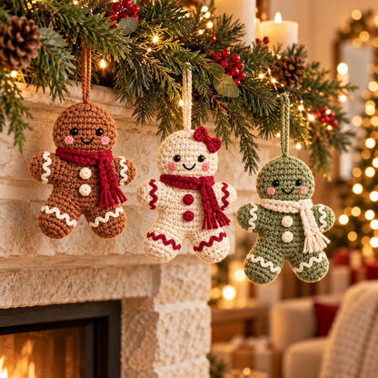 Brown, cream and sage crochet gingerbread ornaments