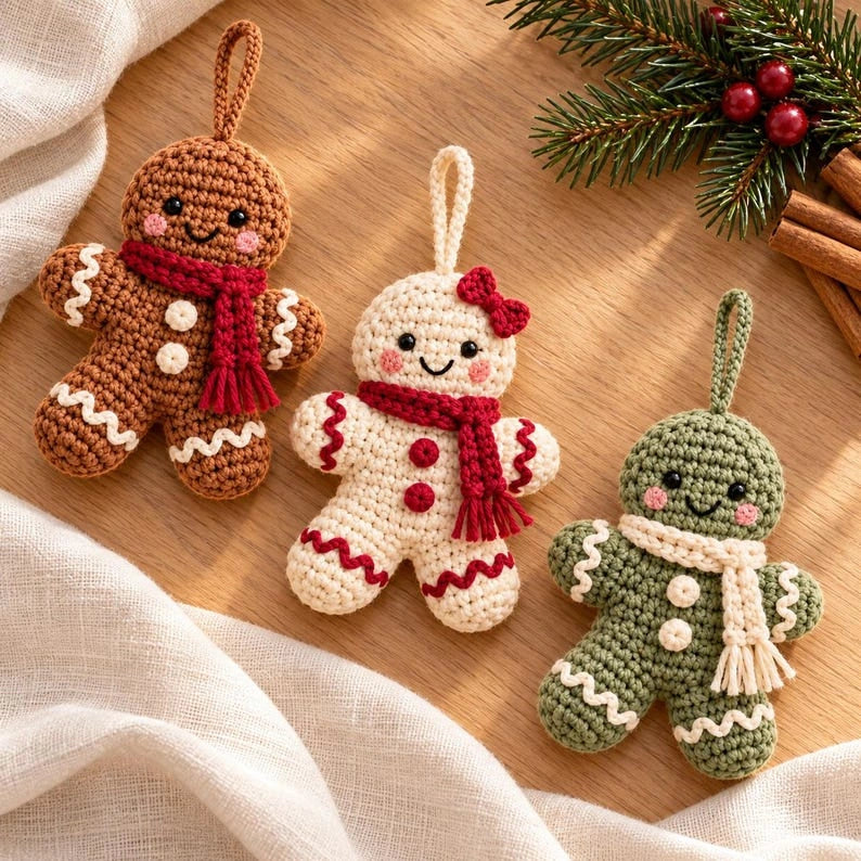 Three gingerbread ornament colorways