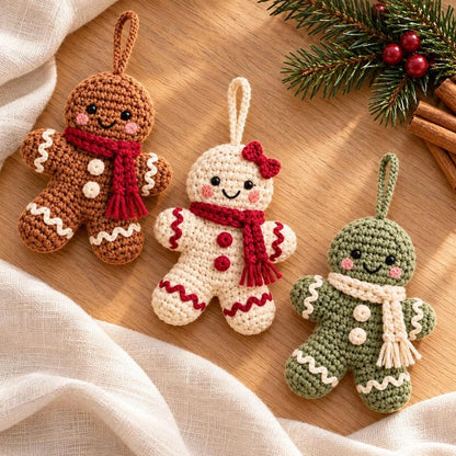 Three gingerbread ornament colorways