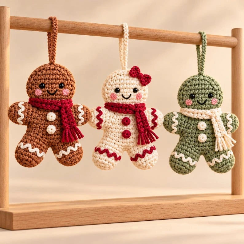 Three gingerbread ornaments on a wooden stand
