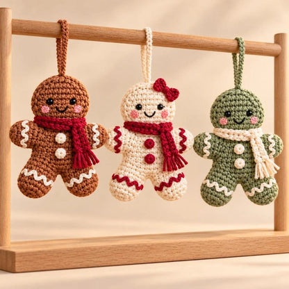 Three gingerbread ornaments on a wooden stand
