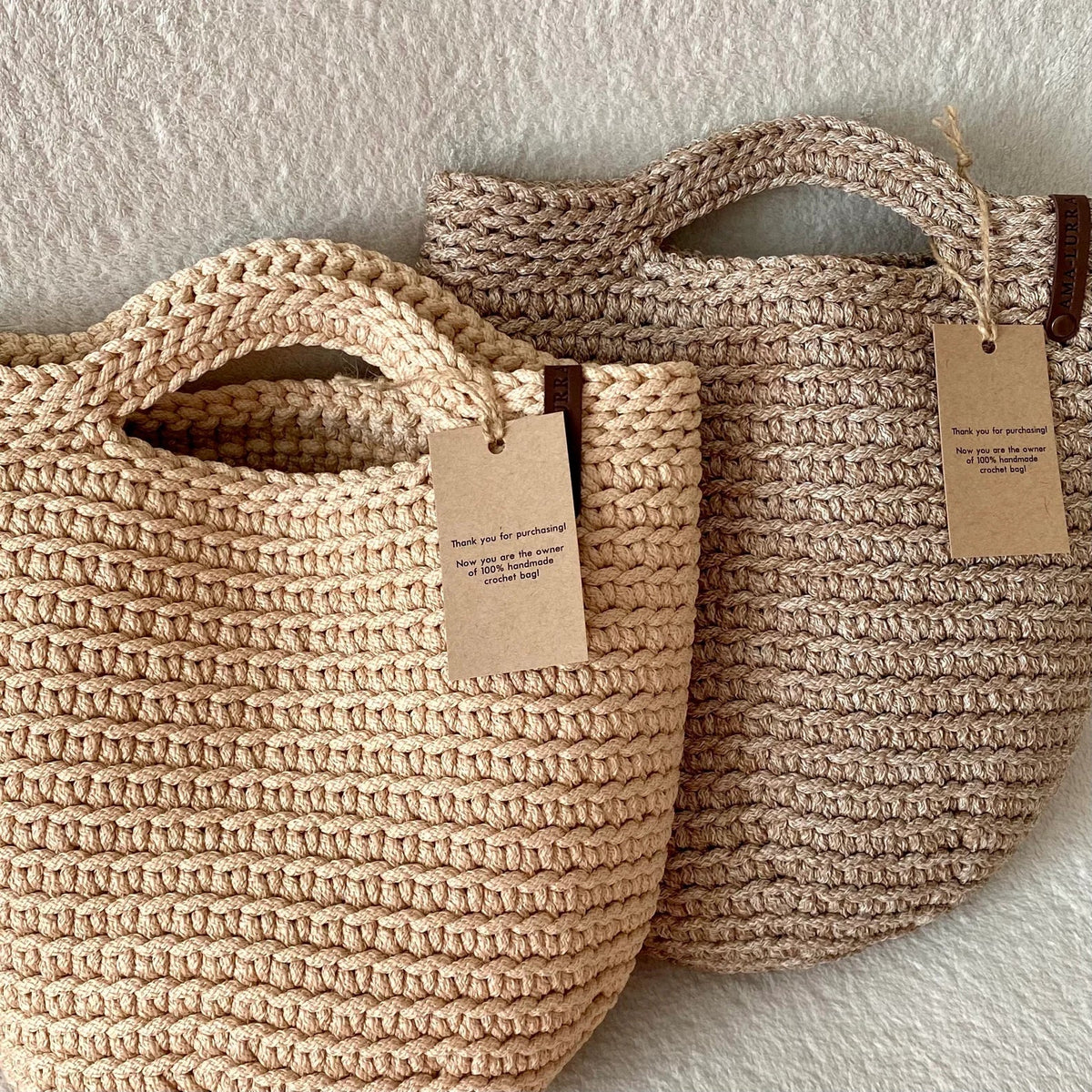 Detail of the handle on the modern crochet tote