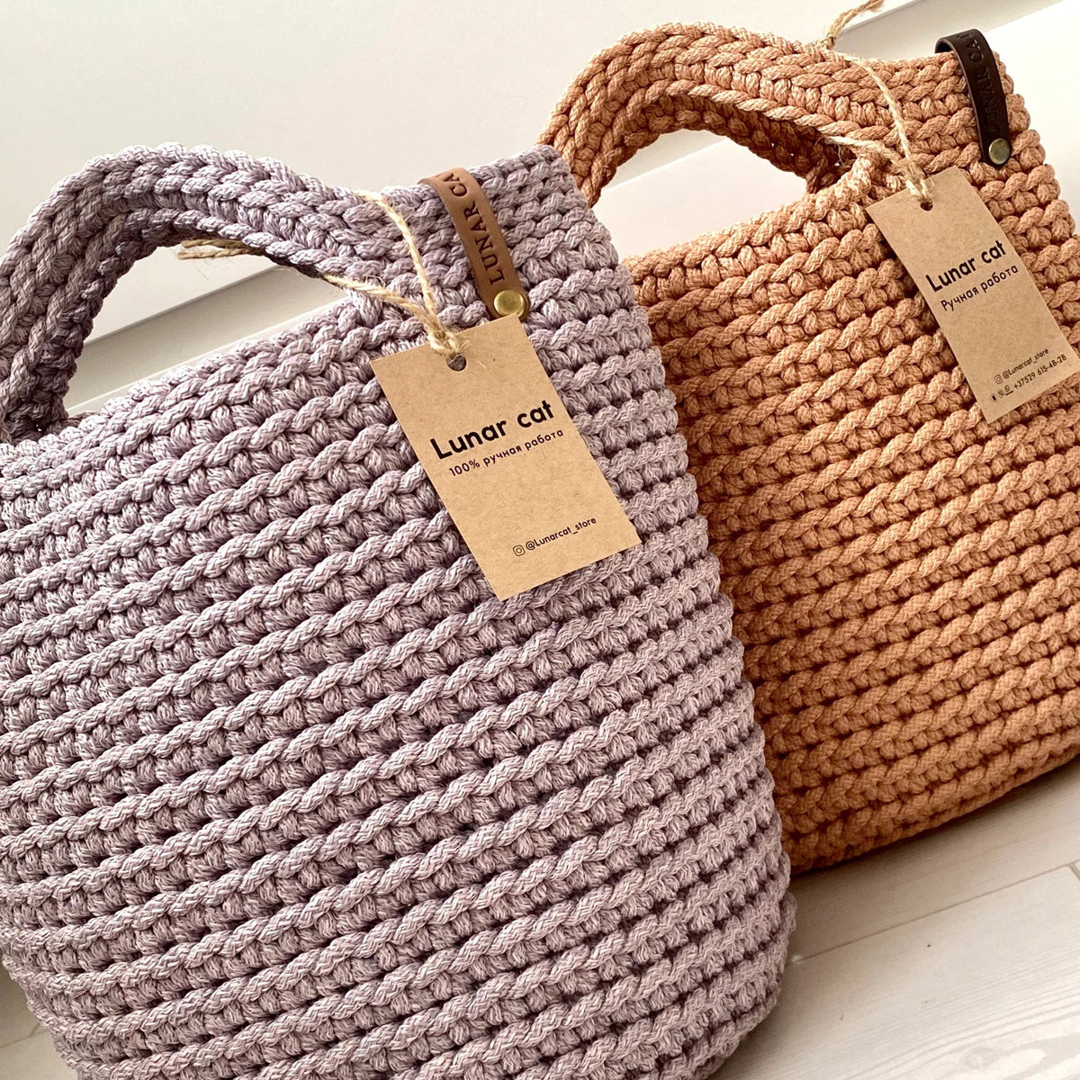 Handmade crochet tote bag carried over the shoulder