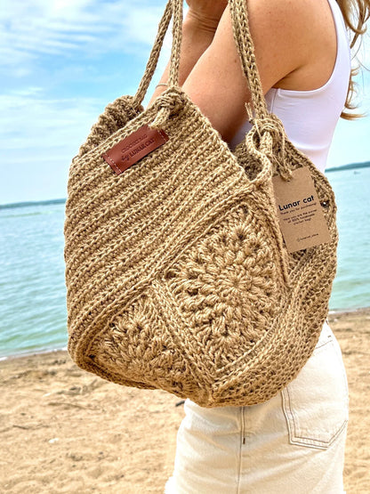 Handmade jute granny square bag with shoulder strap