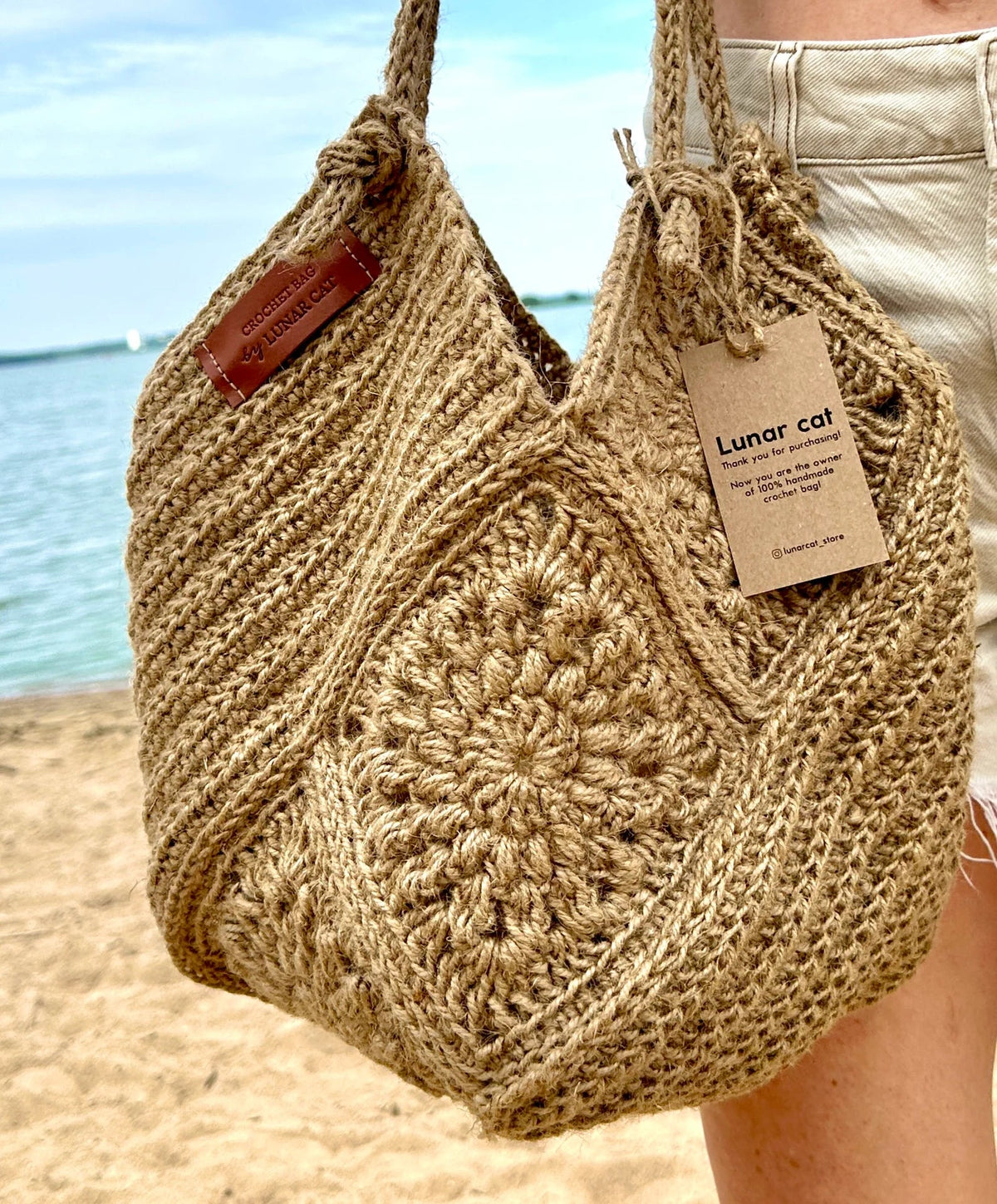 Jute granny square crochet bag shown from the front