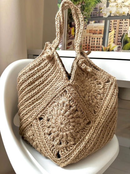 Finished jute granny square hobo bag, full view