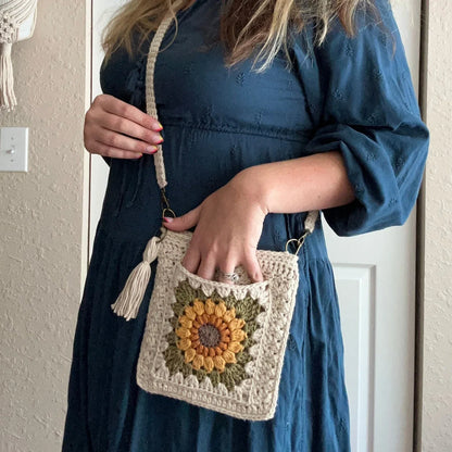 Crocheted sunflower granny square crossbody bag, front view