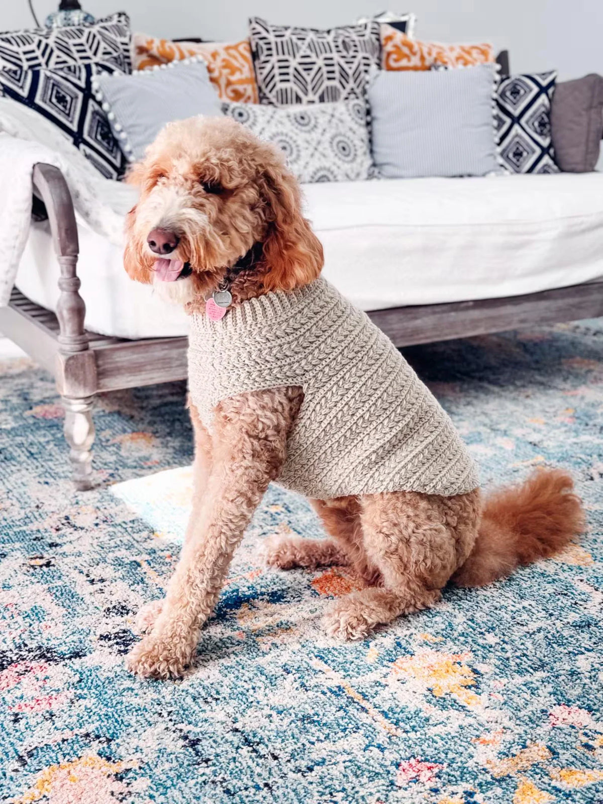 Crochet dog sweater shown from the side to display the one-piece fit