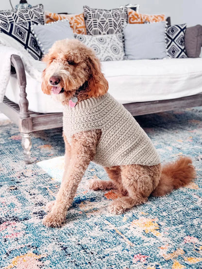 Crochet dog sweater shown from the side to display the one-piece fit