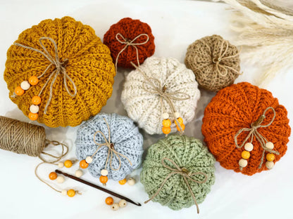 Crochet pumpkins in neutral and autumn colors as home decor