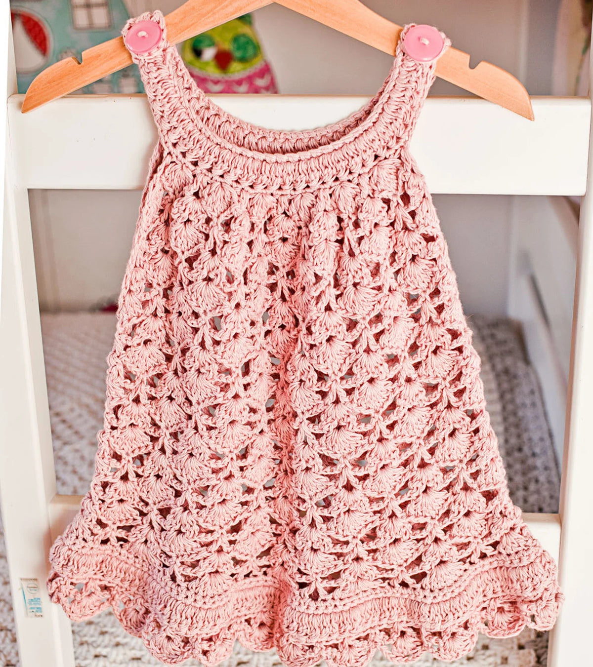 Airy crochet summer dress with delicate lace stitch pattern, front view