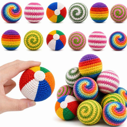 Close-up of a crocheted hacky sack showing the stitch texture