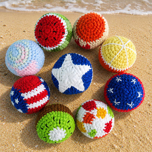 Colorful crocheted hacky sacks in a variety of colors