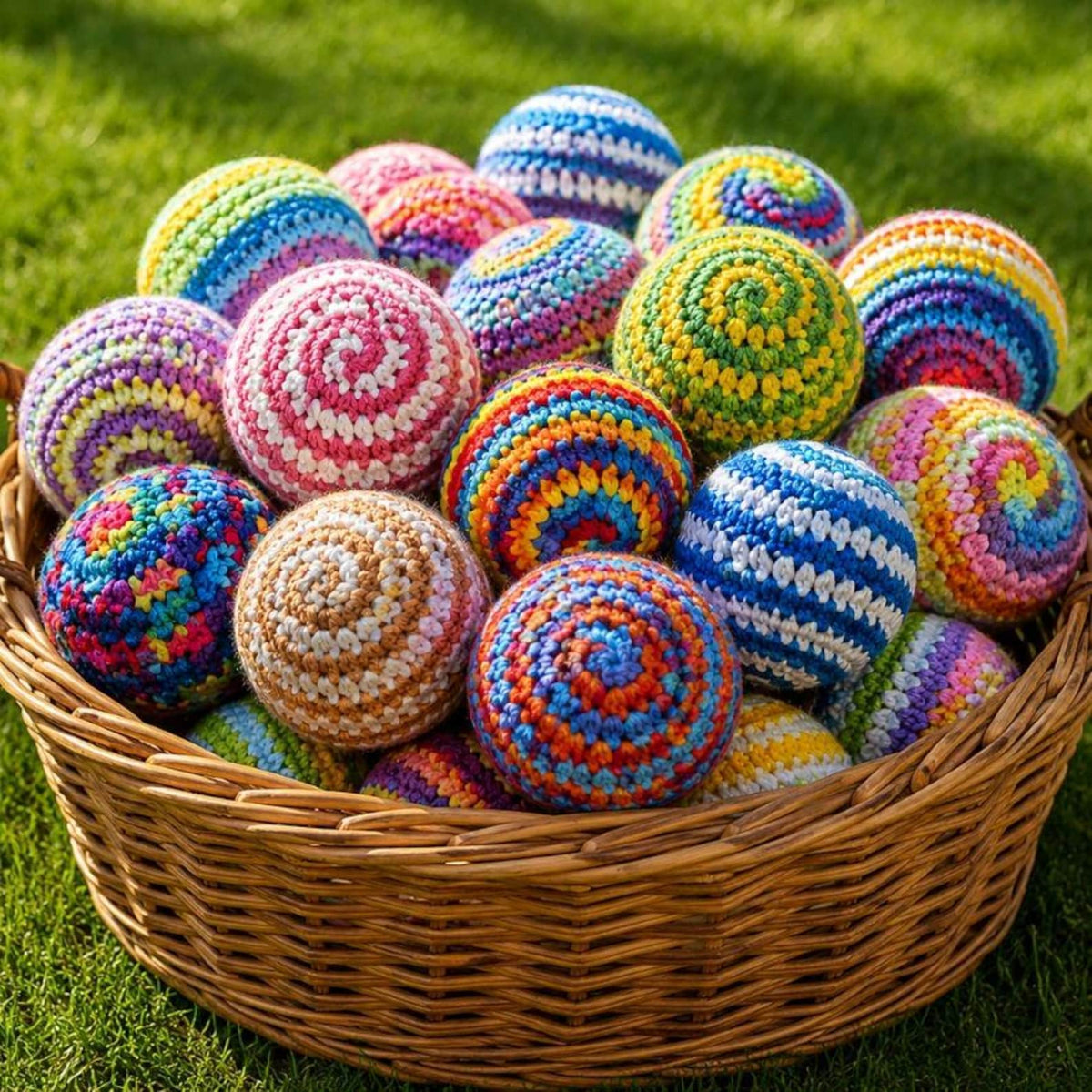 Stack of colorful crochet hacky sacks made from scrap yarn
