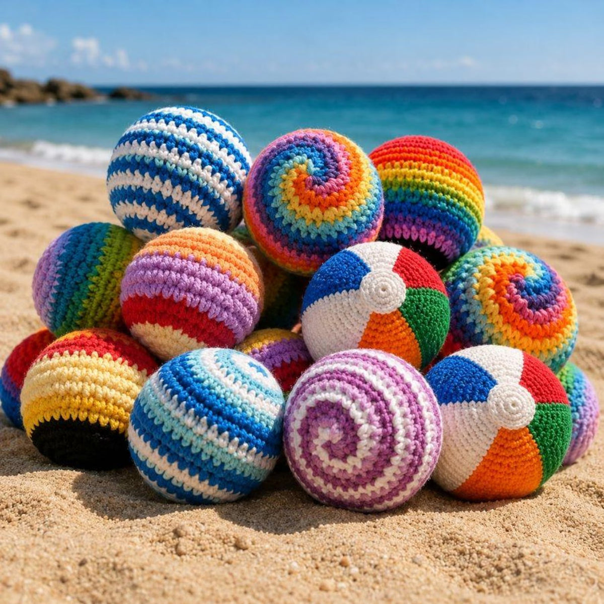 Crocheted hacky sack footbags as a creative handmade gift idea