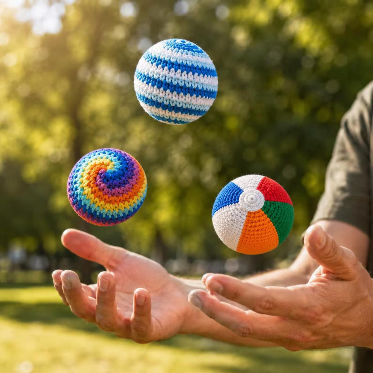Crochet hacky sacks in different color combinations and designs