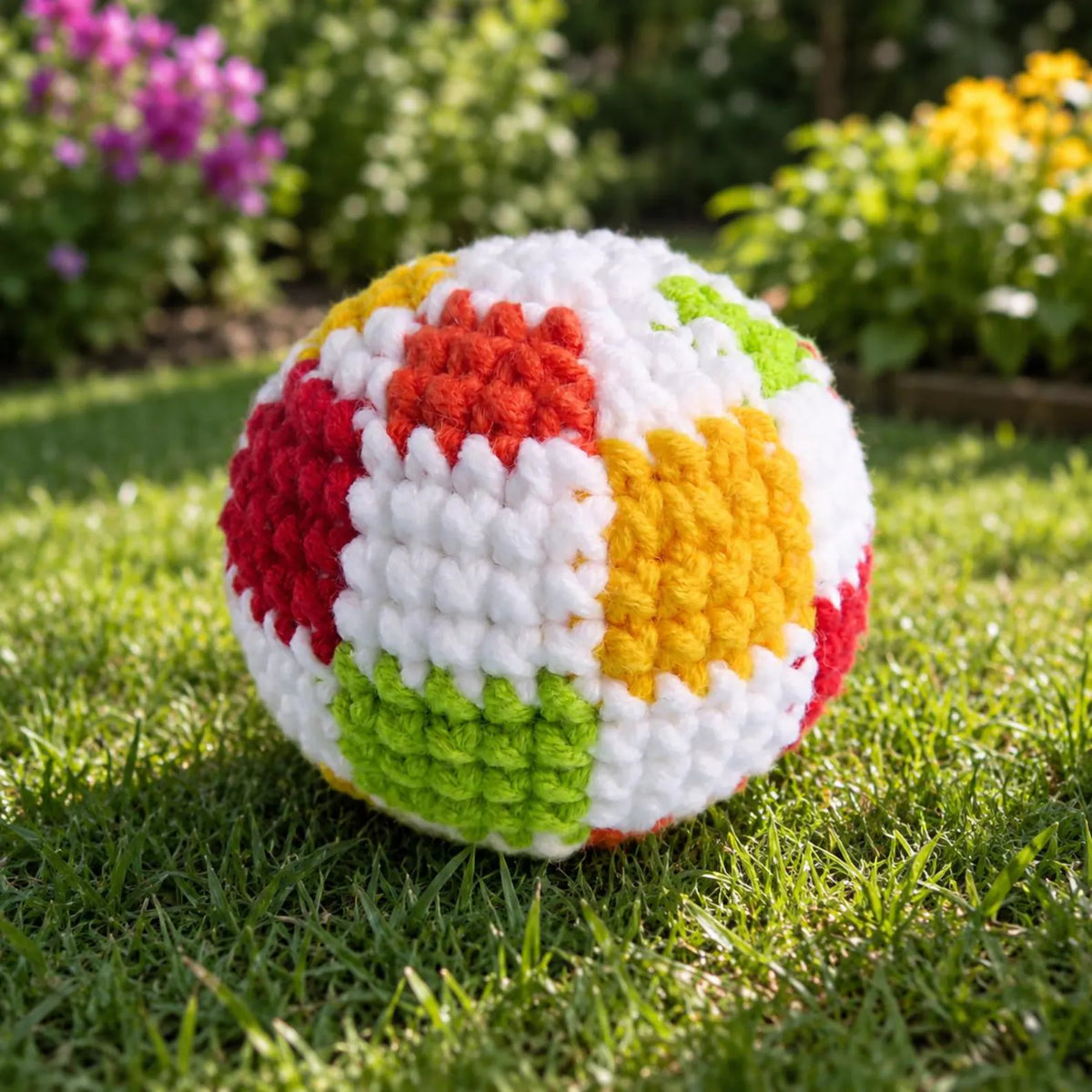 Crochet hacky sacks arranged by color pattern