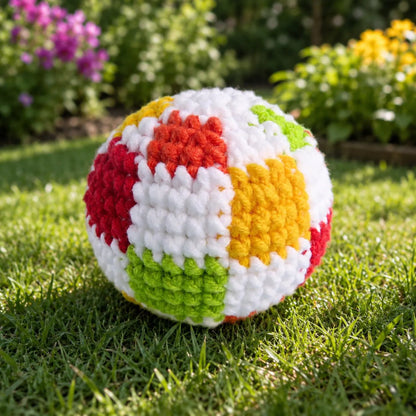 Crochet hacky sacks arranged by color pattern