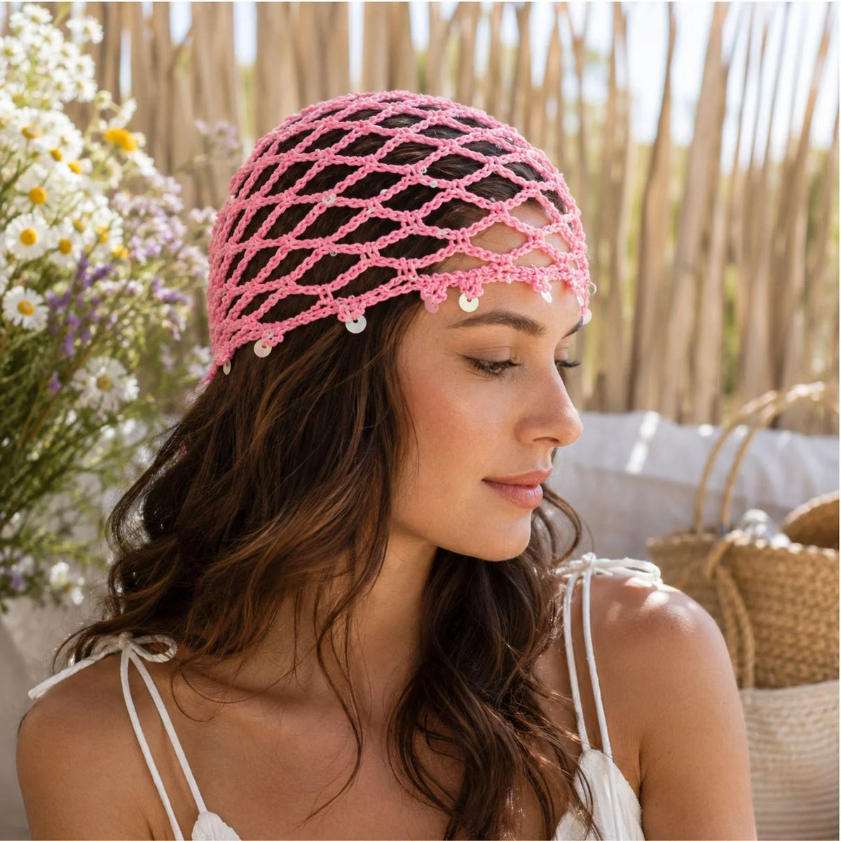 Crochet hair net beanie with sequin-trimmed edge