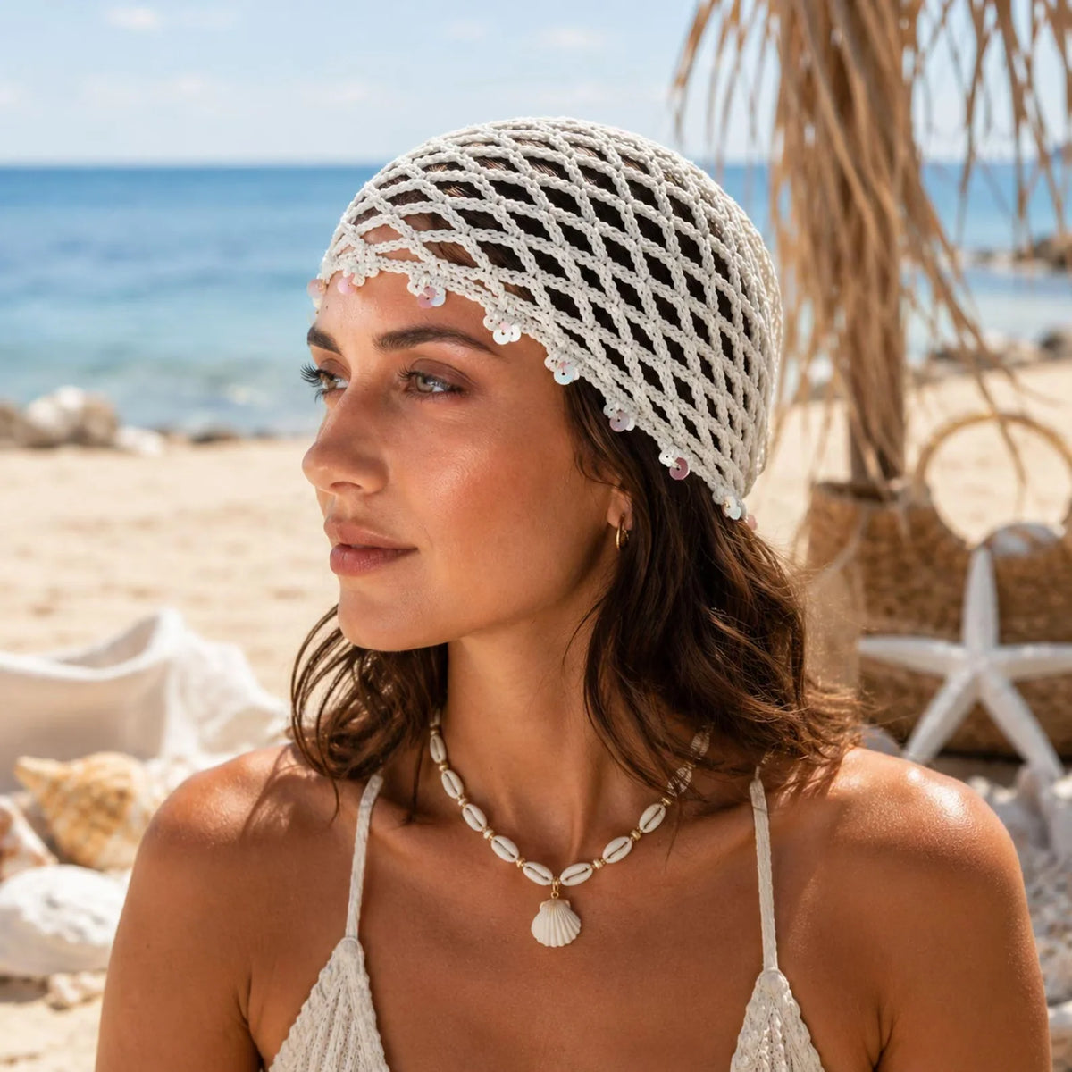 Boho crochet hair net beanie in a light summer color