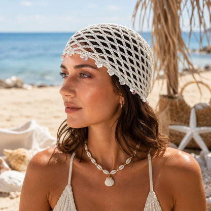 Boho crochet hair net beanie in a light summer color