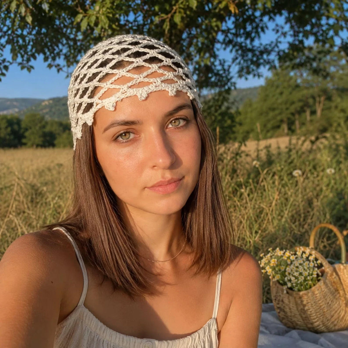 Crocheted hair net beanie styled with a summer outfit