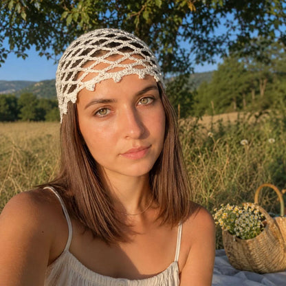 Crocheted hair net beanie styled with a summer outfit