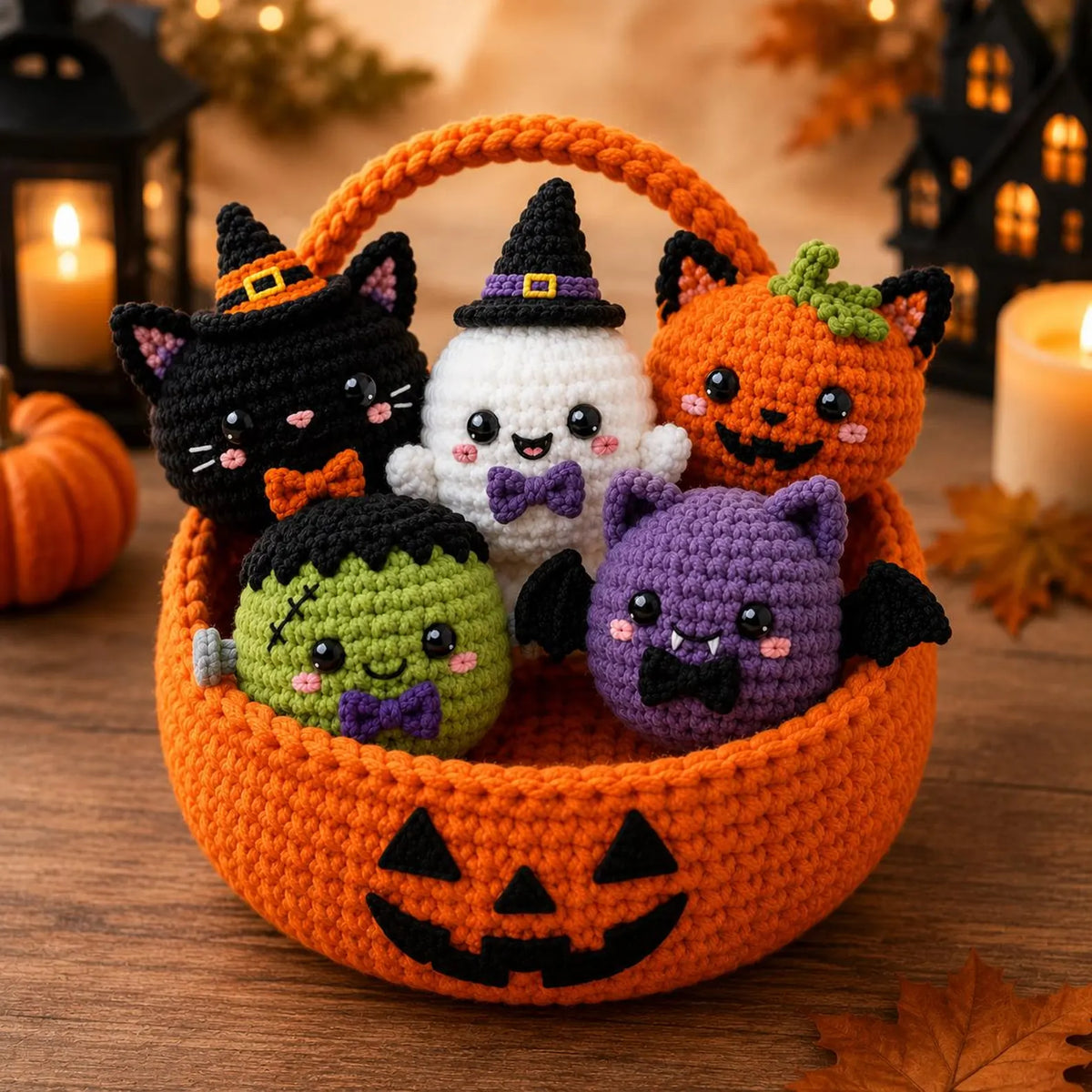 Set of kawaii Halloween amigurumi displayed together