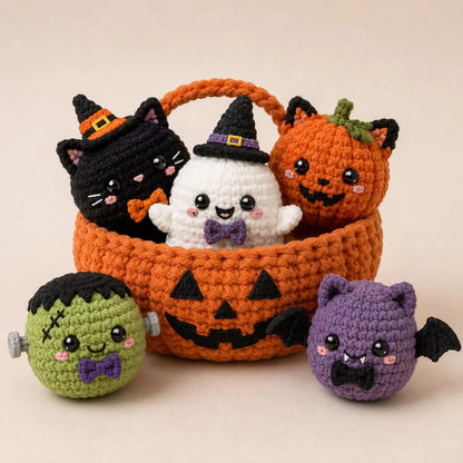 Kawaii Halloween amigurumi set styled as fall decor
