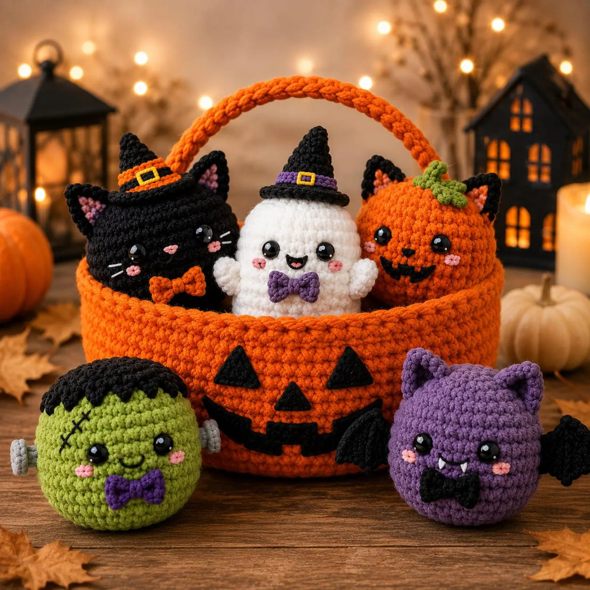 Crocheted pumpkin basket holding the Halloween bao buns