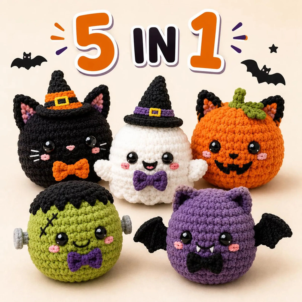 Five kawaii Halloween bao bun amigurumi in a crocheted pumpkin basket