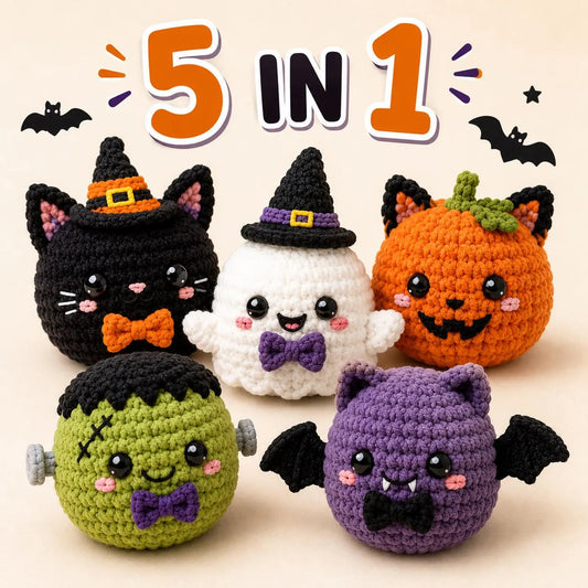 Five kawaii Halloween bao bun amigurumi in a crocheted pumpkin basket