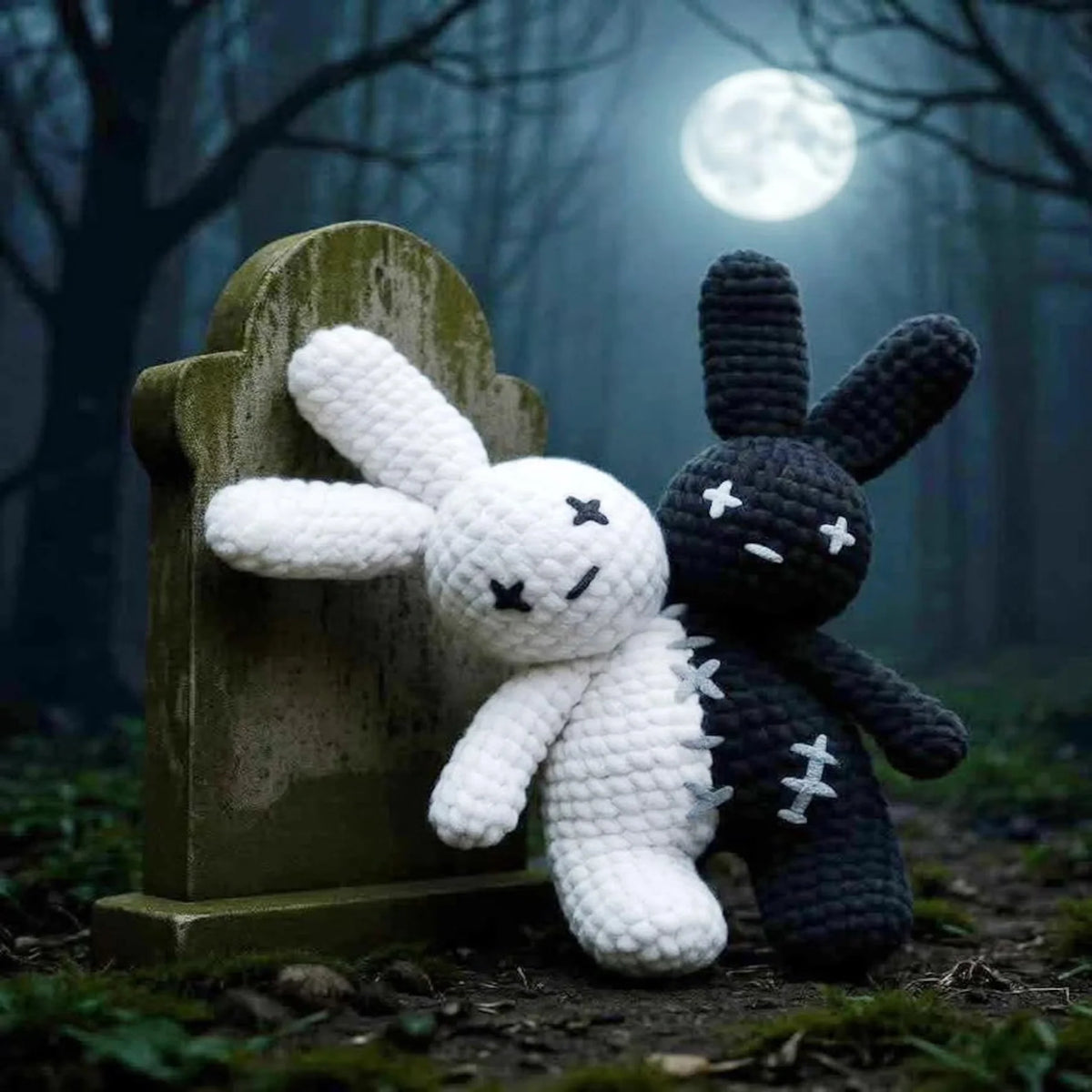 Crocheted two-headed Halloween bunny amigurumi, front view