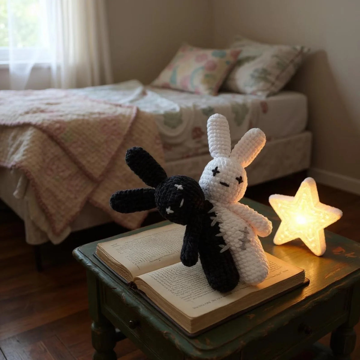 Two-headed Halloween bunny amigurumi displayed as spooky decor