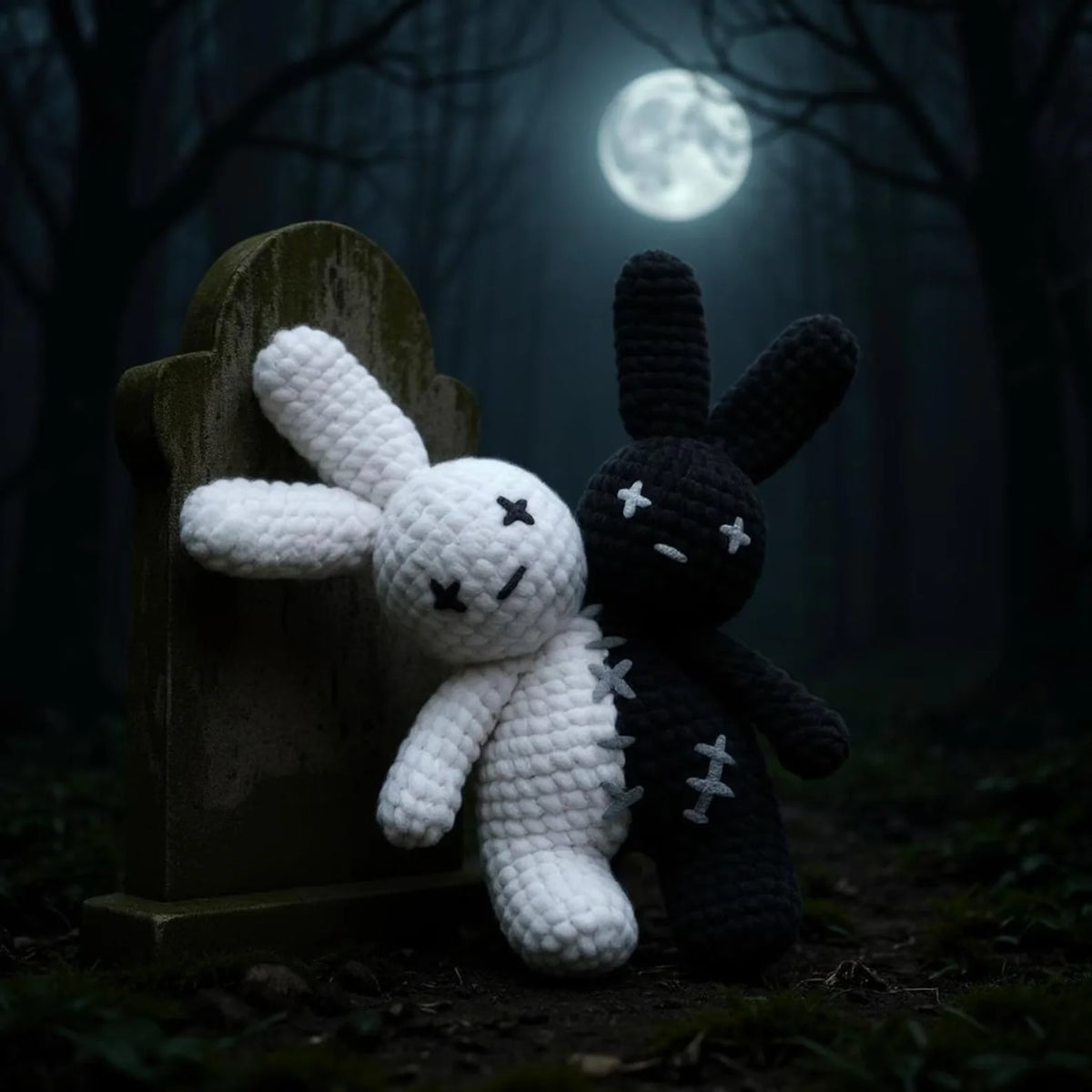 Handmade two-headed Halloween bunny crocheted from the PDF pattern