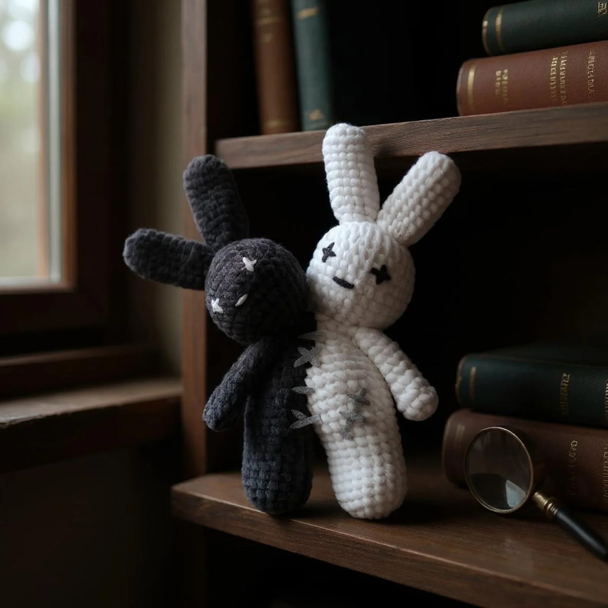 Finished two-headed Halloween bunny amigurumi from Stitchy Crochet