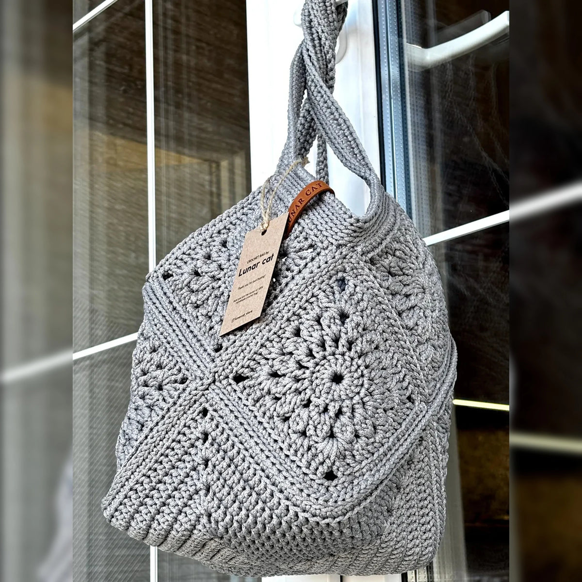 Finished granny square market bag, full view