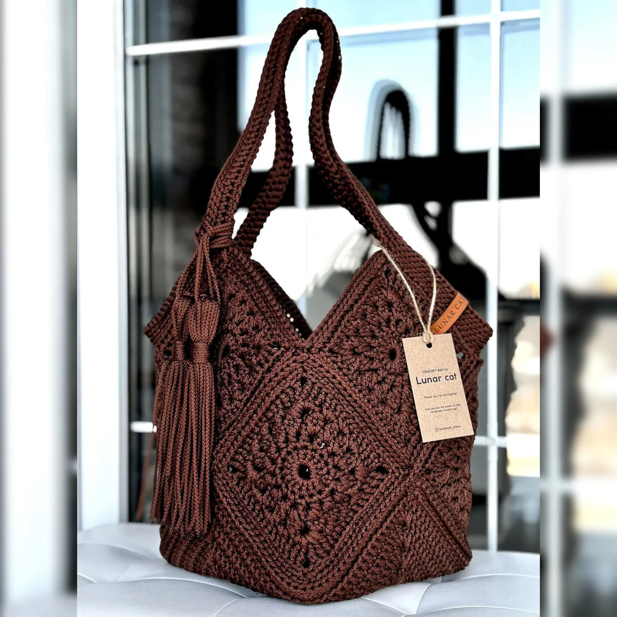 Handmade crochet market bag flat lay