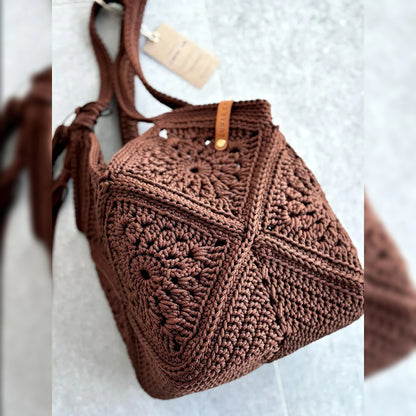 Granny square market bag with tassel, close-up of handle