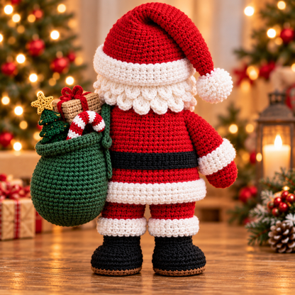 Back view of the crochet Santa showing the red coat cream trims black boots and green gift sack