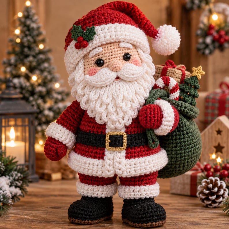 Front view of the crochet Santa in a red suit with a curly cream beard black boots and a green gift sack